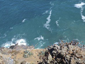 View from a cliff to the blue foaming sea and the rocky coast, Puerto de la cruz, tenerife, spain
