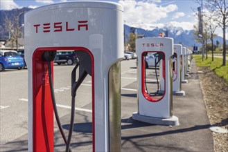 Tesla Superchargers on a parking lot