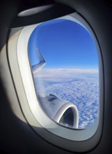 View of a Lufthansa Airbus A380 wing with turbine in flight