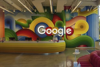 Colorful Google logo inside the offices of Google Headquarters in the USA