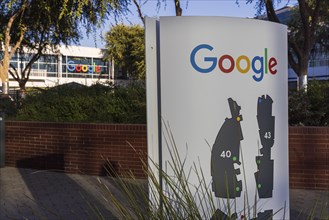 Exterior scene at the Googleplex, the corporate headquarters complex of Google and its parent