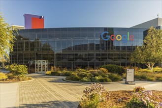 Exterior scene at the Googleplex, the corporate headquarters complex of Google and its parent