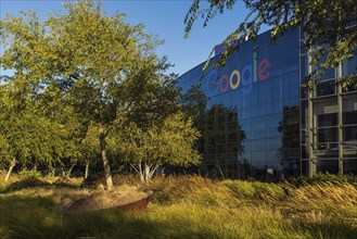 Exterior scene at the Googleplex, the corporate headquarters complex of Google and its parent