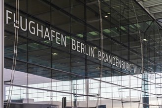 Exterior shot of the Airport Berlin Brandenburg International BER with the marking in big letters