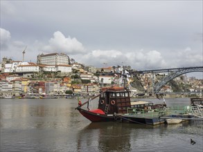 City view with river and boats, in the background a bridge and historical buildings on a hill under