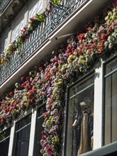 City façade with many flower pots in bloom and decorative elements on windows and balconies, Porto,
