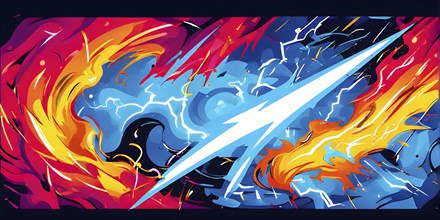 Abstract pop art comic illustration in vibrant colors with thunderbolt crackling across the canvas,