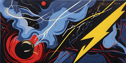 Abstract pop art comic illustration in vibrant colors with thunderbolt crackling across the canvas,