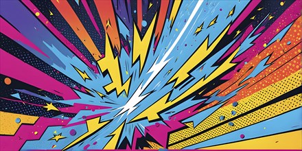 Abstract pop art comic illustration in vibrant colors with thunderbolt crackling across the canvas,
