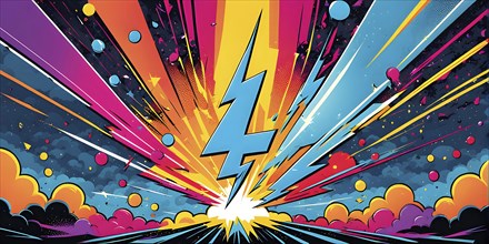 Abstract pop art comic illustration in vibrant colors with thunderbolt crackling across the canvas,