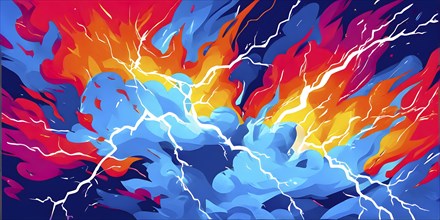 Abstract pop art comic illustration in vibrant colors with thunderbolt crackling across the canvas,