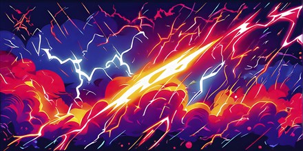 Abstract pop art comic illustration in vibrant colors with thunderbolt crackling across the canvas,