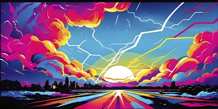 Abstract pop art comic illustration in vibrant colors with thunderbolt crackling across the canvas,