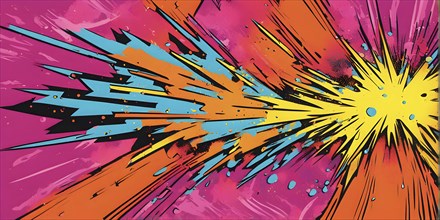 Abstract pop art comic illustration in vibrant colors with thunderbolt crackling across the canvas,