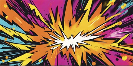 Abstract pop art comic illustration in vibrant colors with thunderbolt crackling across the canvas,