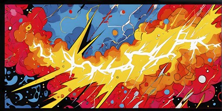 Abstract pop art comic illustration in vibrant colors with thunderbolt crackling across the canvas,
