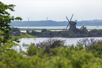 Charlotte windmill, sea, sailing boat, wind turbines, Baltic Sea, Geltinger Birk, Geltinger Bucht,
