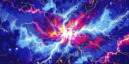 Abstract pop art comic illustration in vibrant colors with thunderbolt crackling across the canvas,