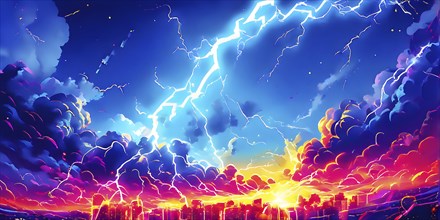 Abstract pop art comic illustration in vibrant colors with thunderbolt crackling across the canvas,