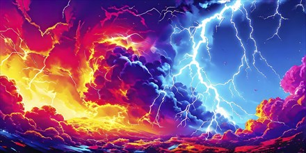 Abstract pop art comic illustration in vibrant colors with thunderbolt crackling across the canvas,