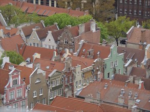 Panorama of colourful gabled houses in an old town with orange roofs and green courtyards, Gdansk,