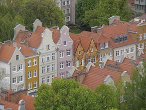 Bird's eye view of colourful old town houses with red tiled roofs and surrounded by trees, Gdansk,