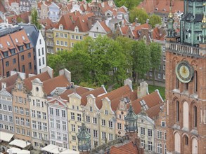 Aerial view of traditional houses with decorated facades and red tiled roofs, embedded in a green