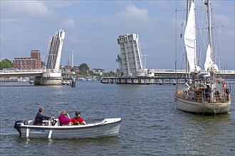 Open bascule bridge, boats, people, Kappeln, Schlei, Schleswig-Holstein, Germany, Europe