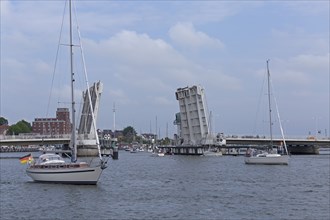 Open bascule bridge, sailing boats, Kappeln, Schlei, Schleswig-Holstein, Germany, Europe