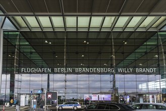 Exterior shot of the Airport Berlin Brandenburg International BER with the marking in big letters