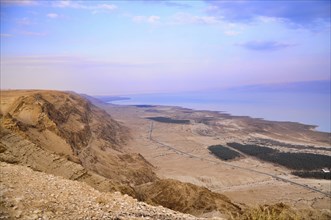 Dead Sea seashore with palm trees and mountains on background