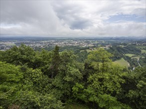 Thunderclouds over the town of Leibnitz, view from the Kreuzkogelwarte, near Leibnitz, Styria,