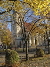 Church building in autumn surrounded by trees with yellow leaves and sunshine, nottuln,