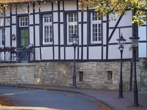 A historic half-timbered house with lanterns on a quiet street, surrounded by autumn trees and