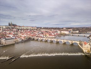 Vltava river, Mala Strana and bridges in Prague bird view panorama