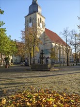 Church square in autumn, cobblestones covered with colourful leaves and church in the centre,