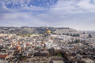 The old town of Jerusalem, the Dome of the Rock and the Mount of Olives in the background