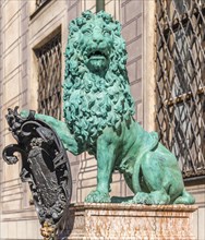 Bronze bavarian lion statue hoalding a shield