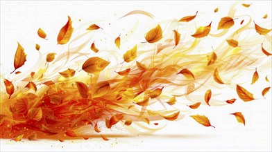 Dynamic yellow and orange autumn leaves falling against a white background in an artistic