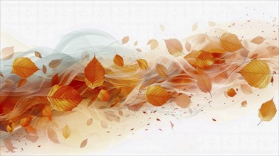 Flowing orange autumn leaves on a white background with an abstract, artistic watercolor effect, AI