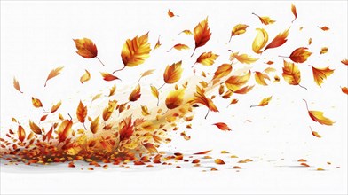 Golden autumn leaves swirling and falling on a white background in a dynamic watercolor style, AI