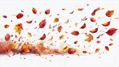 Autumn leaves in shades of red and orange falling against a white background, creating a breezy