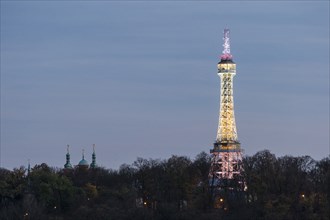 Lookout Tower on Petrin hill at dusk with the night illumination