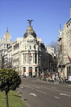 The city center of Madrid, Spain. View of the Gran Via and one of the most emblematic buildings in