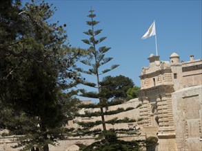 Historic fortress with stone wall, waving flag and tall trees against a blue sky, mdina,