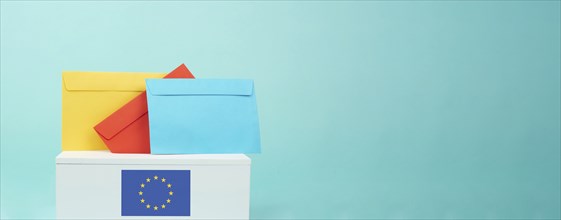 EU election, ballot box, european union flag, blue and yellow stars, citizens of Europe voting