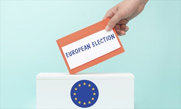 EU election, ballot box, european union flag, blue and yellow stars, citizens of Europe voting