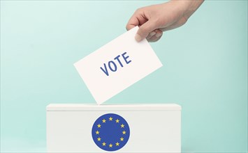 EU election, ballot box, european union flag, blue and yellow stars, citizens of Europe voting