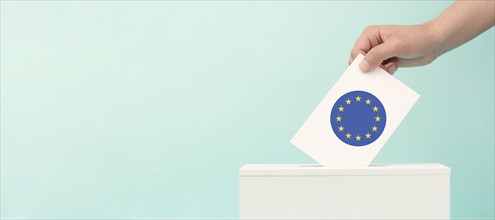 EU election, ballot box, european union flag, blue and yellow stars, citizens of Europe voting