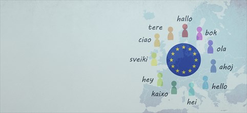Languages and world map, word hello in different language spoken in Europe, concept of multilingual
